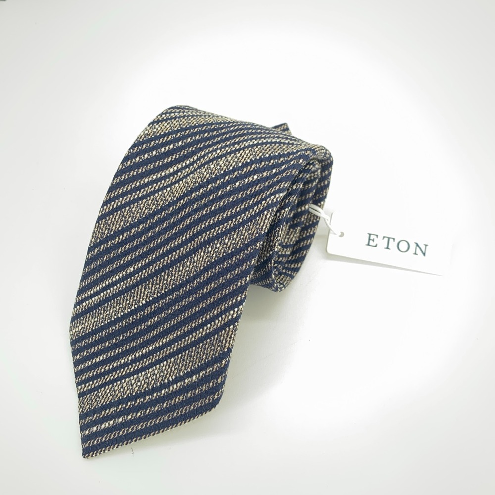 Eton Tie Men One Size Beige Navy Striped Silk Classic Fit Necktie Italy Made NWT